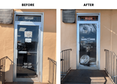 Bagel Boss storefront before and after the graphics rollout
