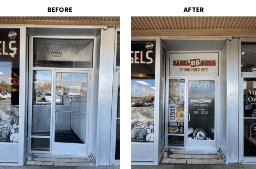 Bagel Boss entrance before and after the graphics rollout